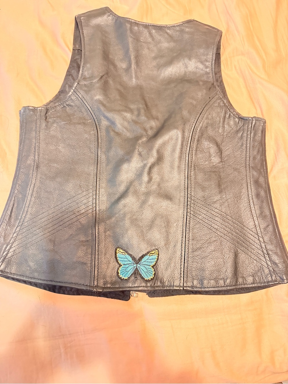Black Leather Zip Front Biker Vest with Orange Lining - Picture 4 of 5